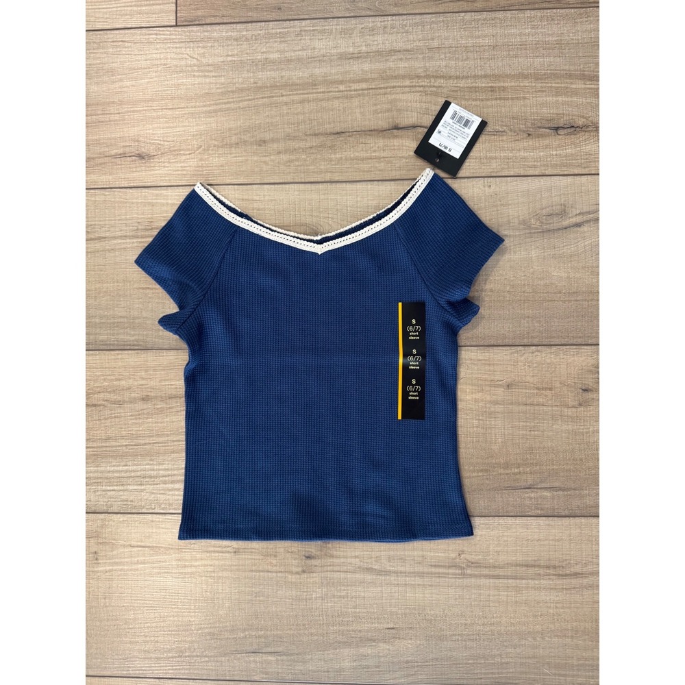 Art Class Waffle Knit Top Girls Size S 6 7 Navy Blue Crochet Trim Neckline